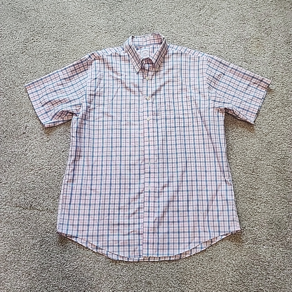 Brooks Brothers Large Pink & Blue All Cotton Plaid Short Sleeve Button Up